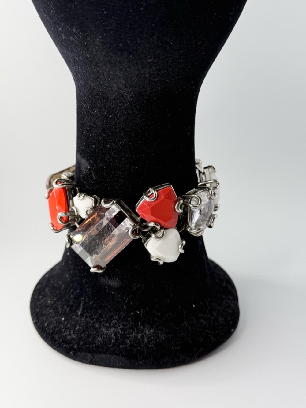 Henry Bendel Red and White Crystal Link Bracelet - Faceted Gem Statement